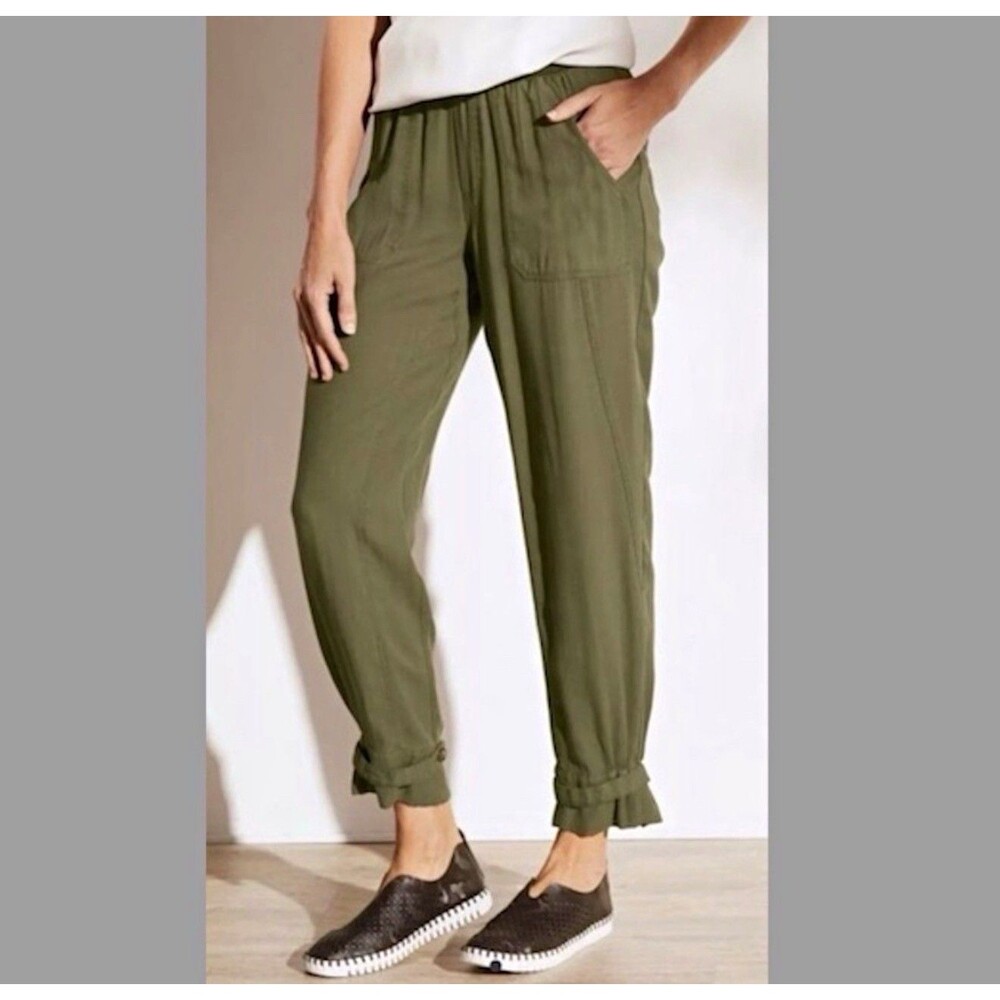 Soft Surroundings Linen Woven Green Jogger Pants Elastic Drawstring Pockets M